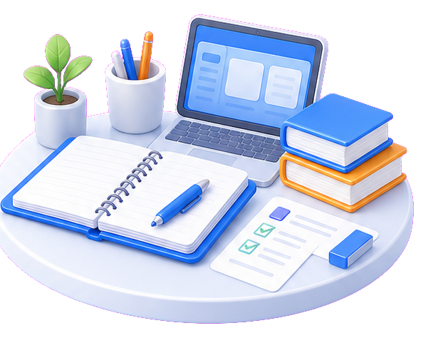 Study desk with exam notes